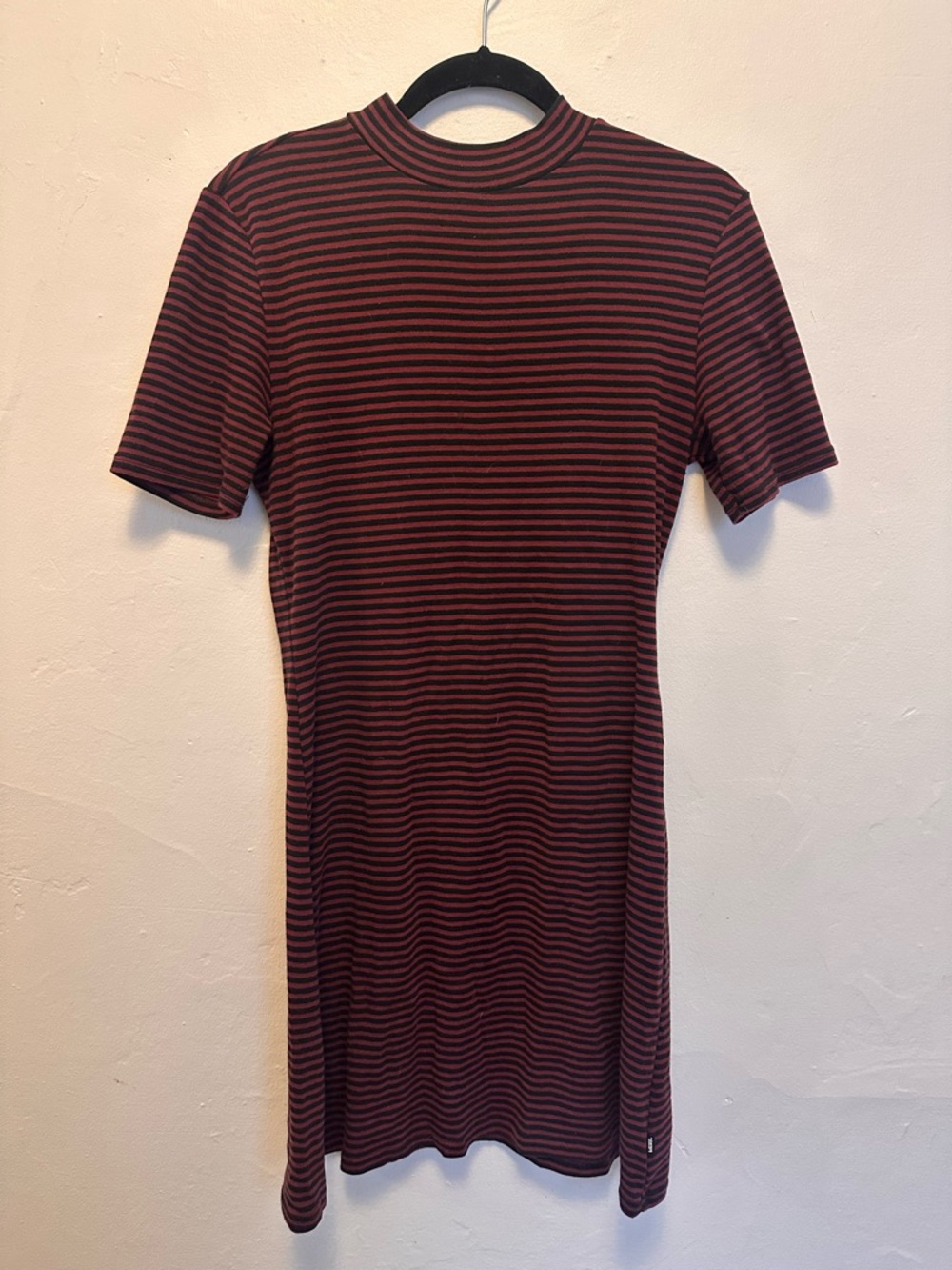 Vans Striped Short Sleeve Mock Neck Dress in Burgundy and Black